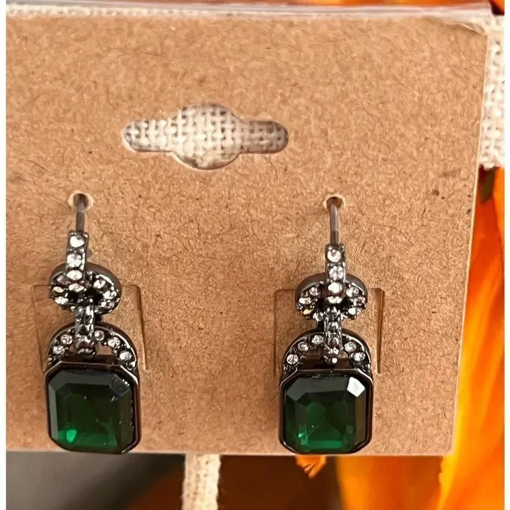 Artisan Green Faceted Earrings, Gunmetal & Crystals #JW7 - Picture 2 of 5